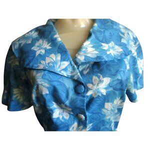 Vintage Blue Floral Short-Sleeve Dress With Large Collar & Button-Front